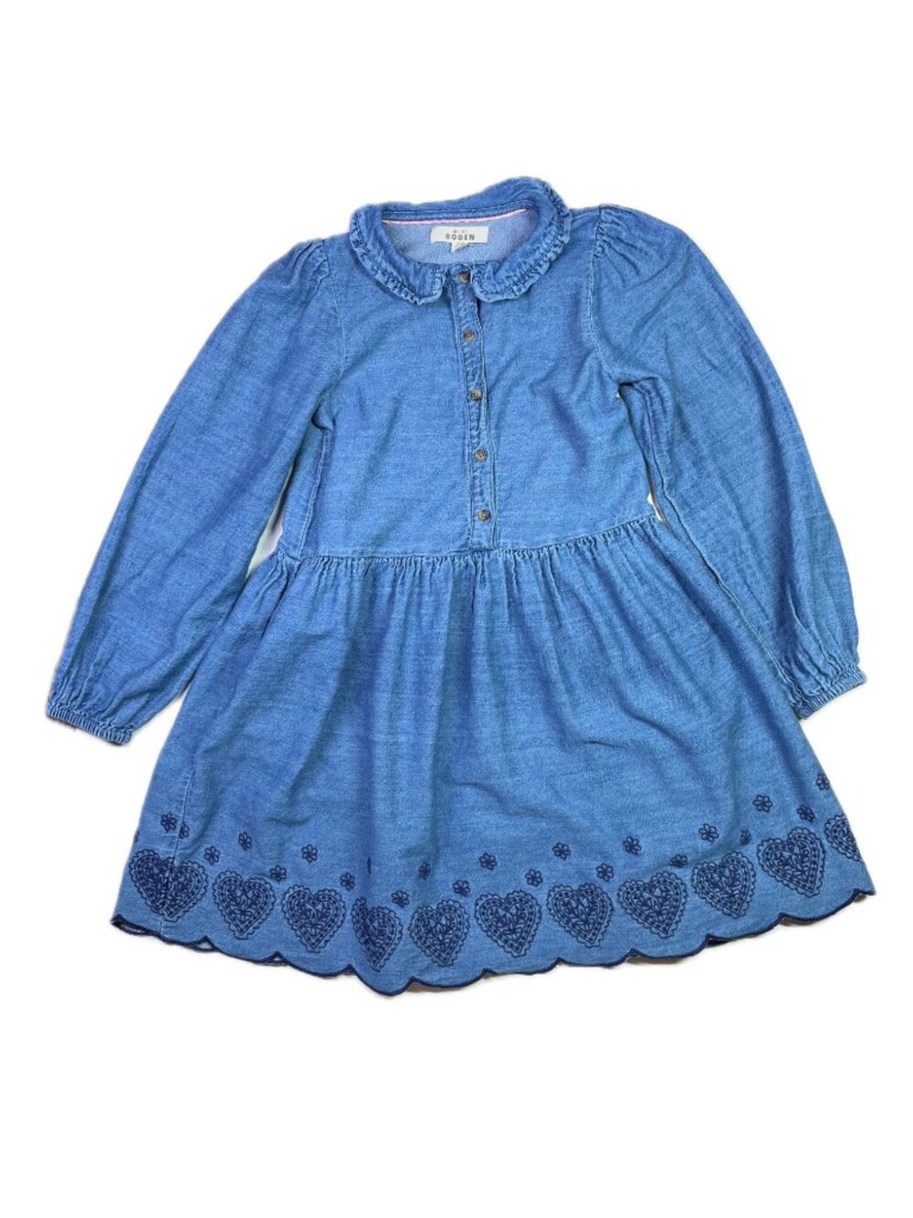 Mini Boden 11-12Y Girl's Pretty Shirt Dress Denim Long Sleeve Embroidered Hearts